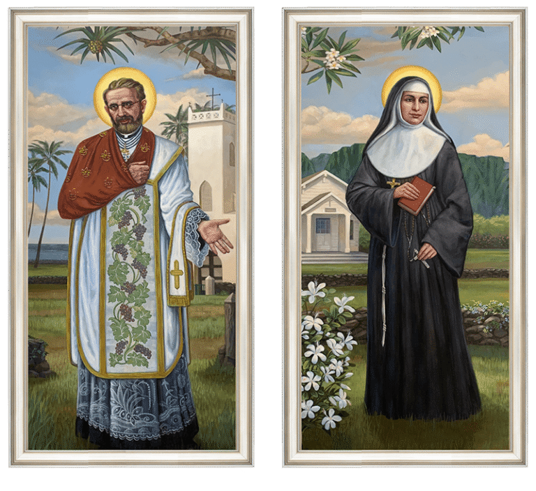Portraits of Saint Damien and Saint Marianne.